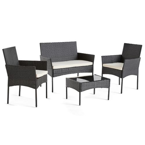 Marbella - Salon Bas De Jardin 4 Places - En Résine Tressée - Noir Avec Coussins Beiges