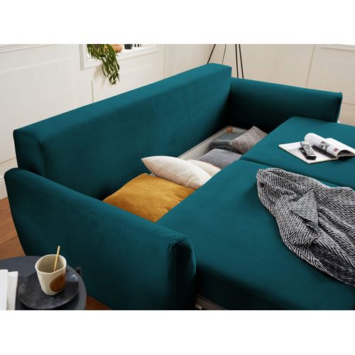 Canapé Droit Convertible 3 Places Nils En Velours Bleu Canard