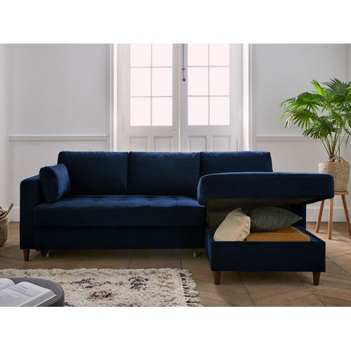 Canapé Angle Droit Convertible 4 Places Anna En Velours Bleu Nuit