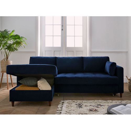 Canapé Angle Gauche Convertible 4 Places Anna En Velours Bleu Nuit