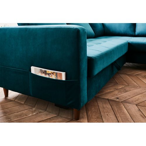 Canapé Angle Droit Convertible 5 Places Anna En Velours Bleu Canard