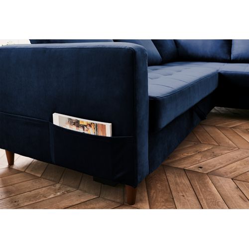 Canapé Angle Droit Convertible 5 Places Anna En Velours Bleu Nuit