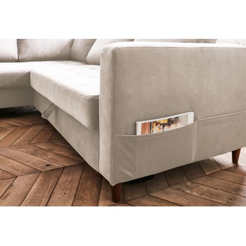 Canapé Angle Gauche Convertible 5 Places Anna En Velours Beige