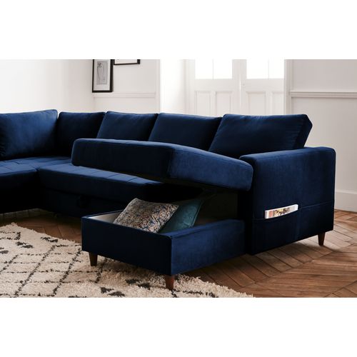 Canapé Panoramique 7 Places Anna En Velours Bleu Nuit