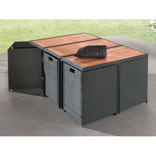 Cuba - Salon De Jardin Encastrable 10 Places - En Résine Tressée - Noir Avec Coussins Gris + Housse
