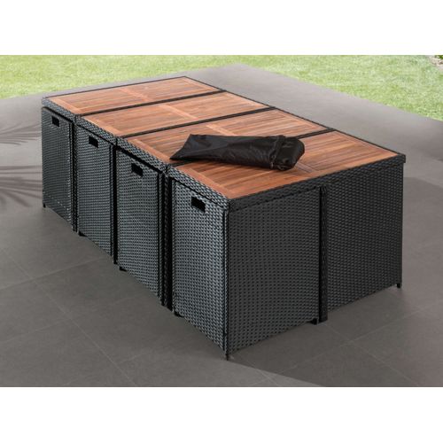 Cuba - Salon De Jardin Encastrable 12 Places - En Résine Tressée - Noir Avec Coussins Gris + Housse