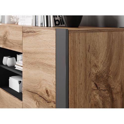 Willow - Buffet Bas - Effet Bois Et Gris - 2 Portes, 2 Tiroirs Et 2 Niches - 164 Cm