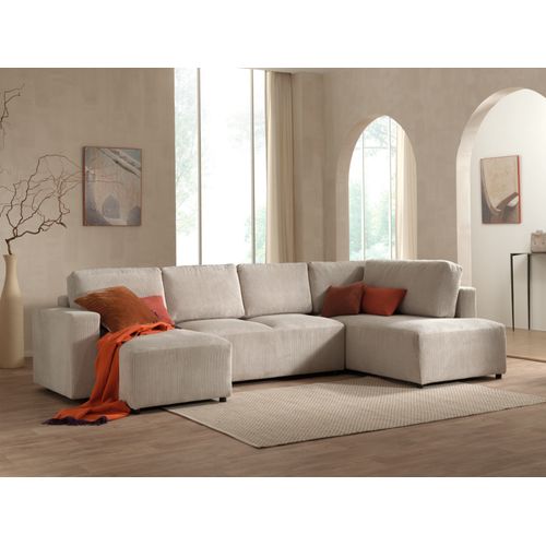 Canapé Panoramique 7 Places Livy En Velours Côtelé Beige