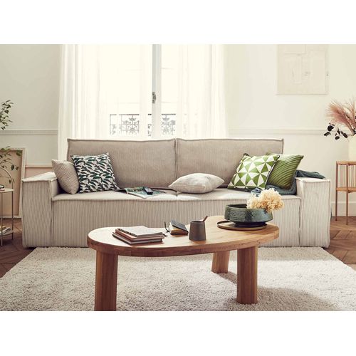 Canapé Droit Convertible 3 Places Dellia En Velours Côtelé Beige