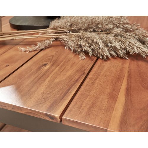 Salome - Salon Bas De Jardin 5 Places + Table - Modulable - Bois, Métal Et Coussins Noirs