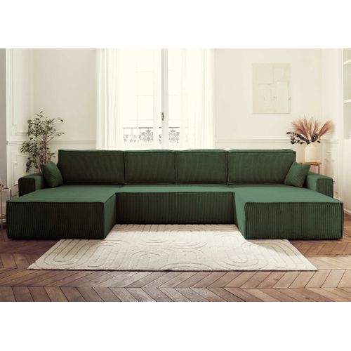 Canapé Panoramique 7 Places Dellia En Velours Côtelé Vert