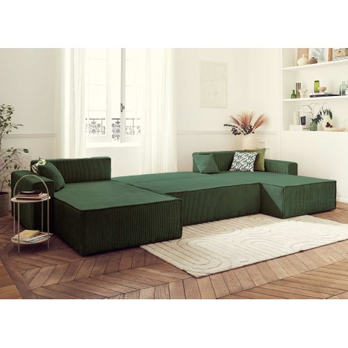 Canapé Panoramique 7 Places Dellia En Velours Côtelé Vert