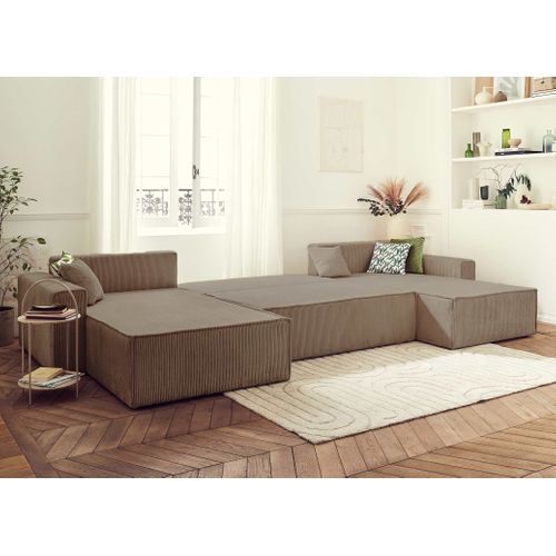 Canapé Panoramique 7 Places Dellia En Velours Côtelé Taupe