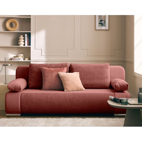 Canapé Droit Convertible 3 Places Elio En Velours Et Velours Côtelé Rose