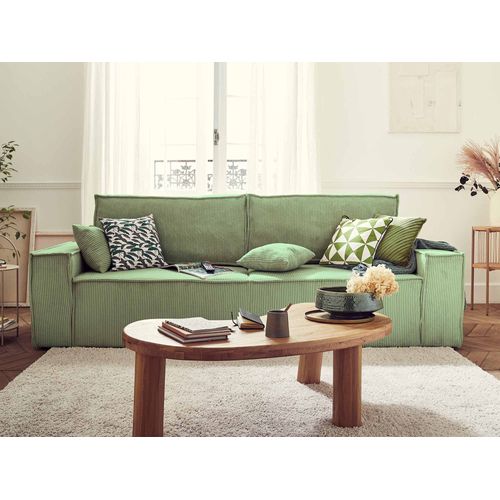 Canapé Droit Convertible 3 Places Dellia En Velours Côtelé Vert Sauge