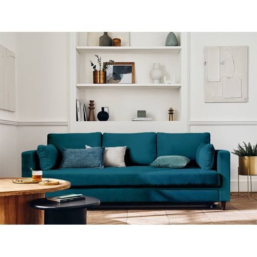 Canapé Droit Convertible 3 Places Anna En Velours Bleu Canard