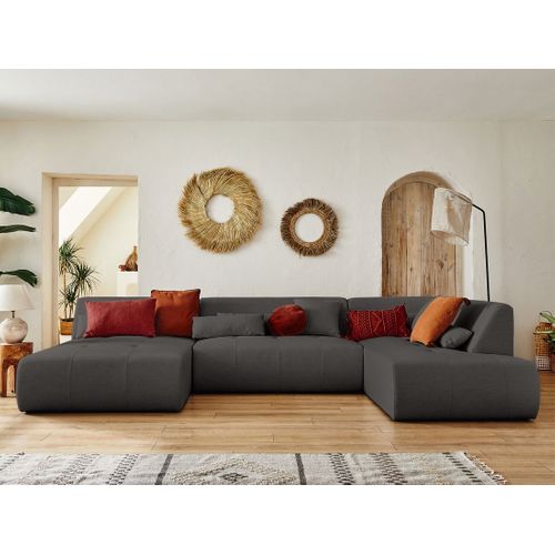 Onyx - Canapé Panoramique D'angle Droit 7 Places - En Tissu Gris Foncé