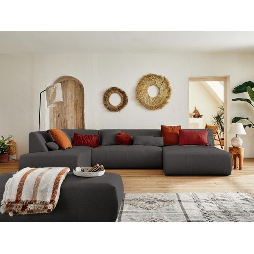 Onyx - Canapé Panoramique D'angle Gauche 7 Places - En Tissu Gris Foncé