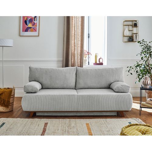 Canapé Droit Convertible 3 Places Cristal En Velours Côtelé Gris Clair