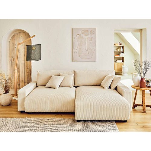 Pivoine - Canapé D'angle Réversible - 4 Places - Convertible Avec Coffre - En Velours Côtelé Beige