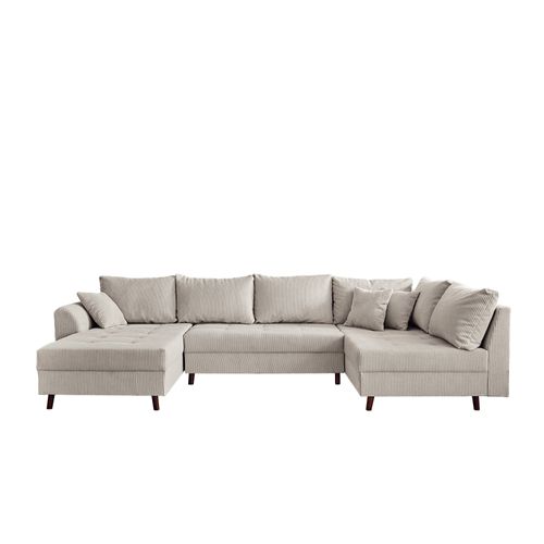 Rune - Canapé Panoramique D'angle Droit - 7 Places - En Velours Côtelé Gris Clair