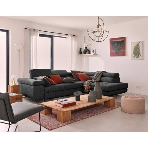 Canapé Angle Droit Convertible 5 Places Zaria En Velours Côtelé Gris Foncé