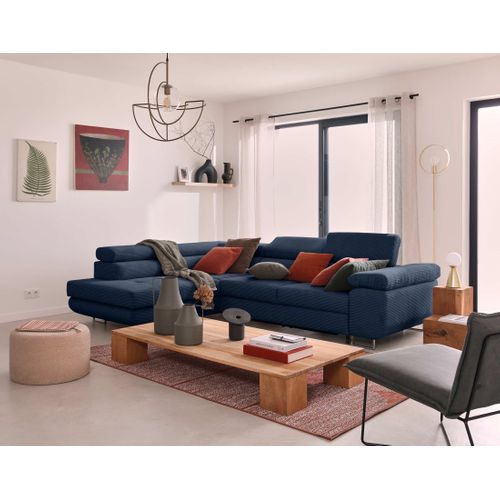 Canapé Angle Gauche Convertible 5 Places Zaria En Velours Côtelé Bleu