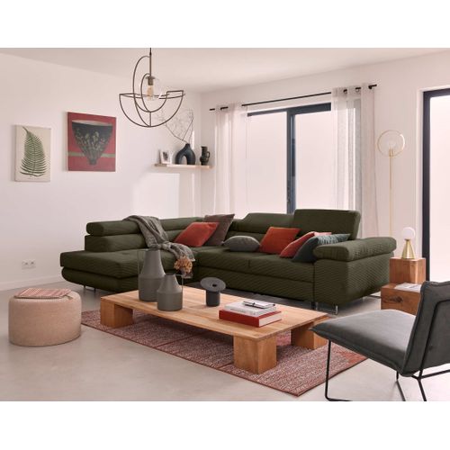 Canapé Angle Gauche Convertible 5 Places Zaria En Velours Côtelé Vert