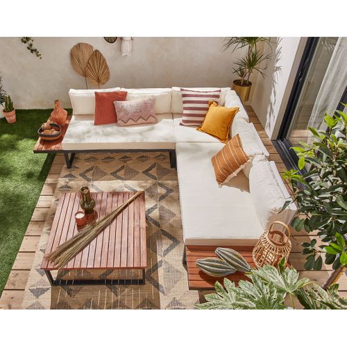 Yulara - Salon Bas D'angle De Jardin 5 Places - Bois, Métal Et Coussins Beiges
