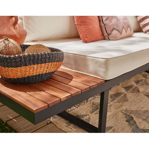 Yulara - Salon Bas D'angle De Jardin 5 Places - Bois, Métal Et Coussins Beiges