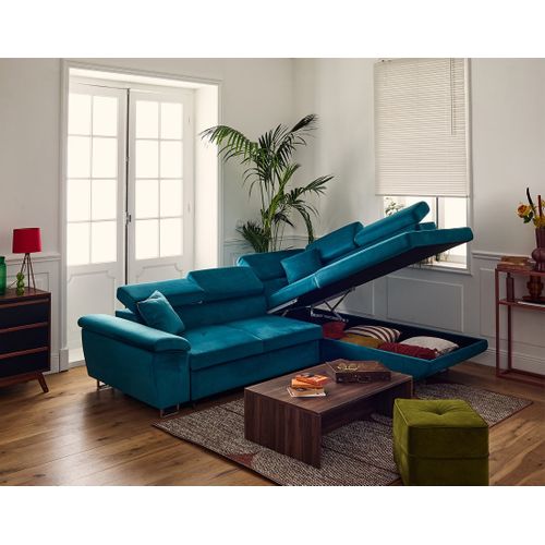 Canapé Angle Droit Convertible 5 Places Dimas En Velours Bleu