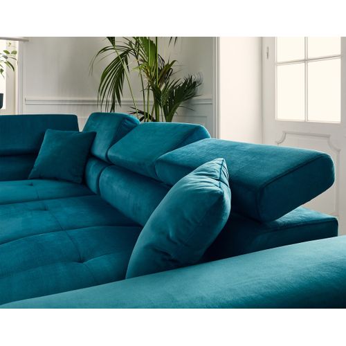 Canapé Angle Gauche Convertible 5 Places Dimas En Velours Bleu