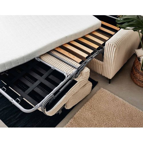 Canapé Droit Convertible 3 Places Owen En Velours Grosses Côtes Beige