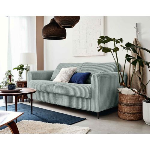 Canapé Droit Convertible 3 Places Owen En Velours Grosses Côtes Bleu