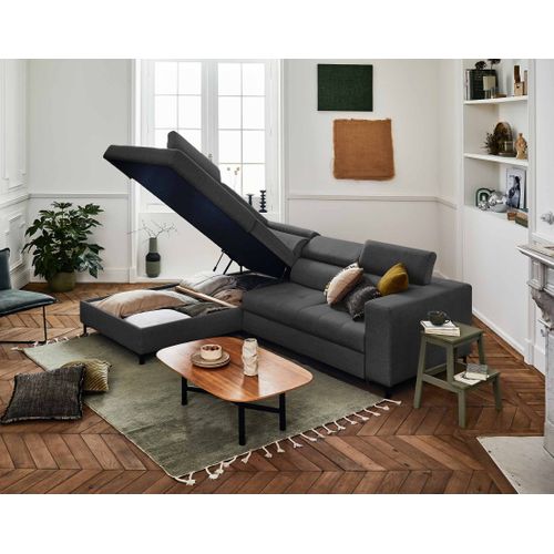 Canapé Angle Gauche Convertible 5 Places Olinda En Tissu Gris Foncé