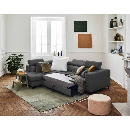 Canapé Angle Gauche Convertible 5 Places Olinda En Tissu Gris Foncé
