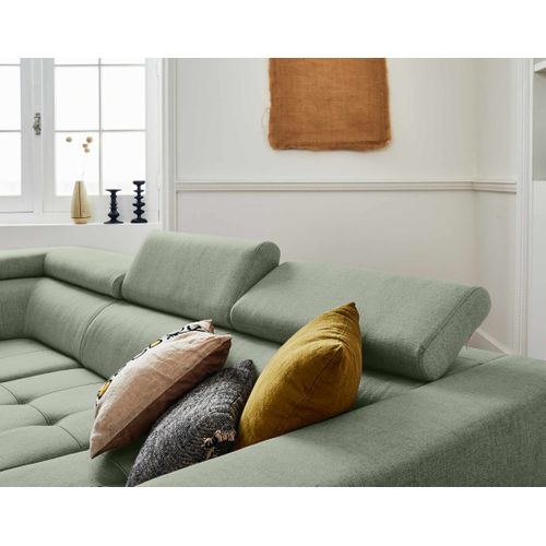 Canapé Angle Gauche Convertible 5 Places Olinda En Tissu Vert Sauge