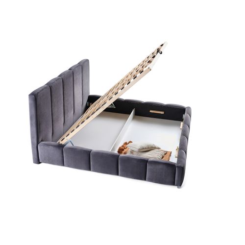 Torreon - Lit Coffre - 160x200 - Sommier Inclus - En Velours Gris Foncé