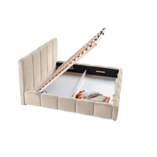 Torreon - Lit Coffre - 160x200 - Sommier Inclus - En Velours Beige