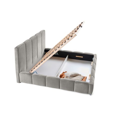 Torreon - Lit Coffre - 180x200 - Sommier Inclus - En Velours Gris Clair