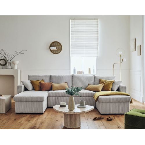 Canapé Panoramique 7 Places Cyrus En Velours Côtelé Gris Clair