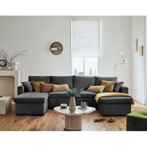 Canapé Panoramique 7 Places Cyrus En Velours Côtelé Gris Foncé