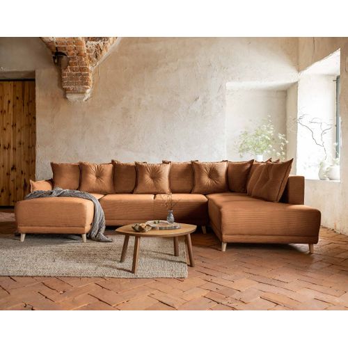 Canapé Panoramique 7 Places Lena En Velours Côtelé Rouille