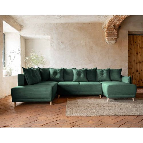 Canapé Panoramique 7 Places Lena En Velours Côtelé Vert