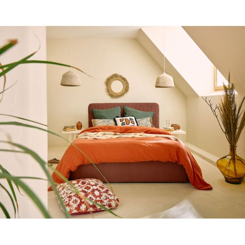 Goyave - Lit Coffre - 160x200 - En Velours Côtelé - Sommier Inclus Terracotta