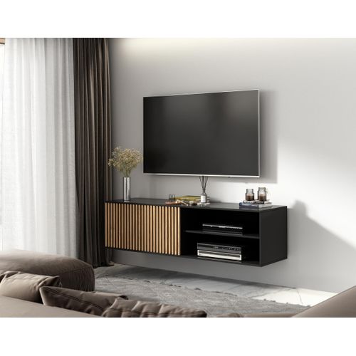 Savanna - Meuble TV Suspendu - Effet Bois Et Noir - 2 Niches Et 1 Porte - 150 Cm