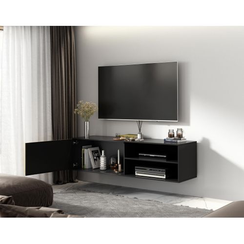 Savanna - Meuble TV Suspendu - Effet Bois Et Noir - 2 Niches Et 1 Porte - 150 Cm