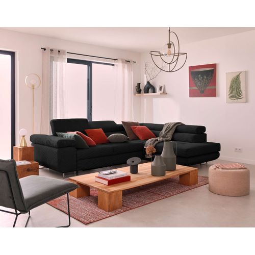 Canapé Angle Droit Convertible 5 Places Zaria En Velours Côtelé Noir