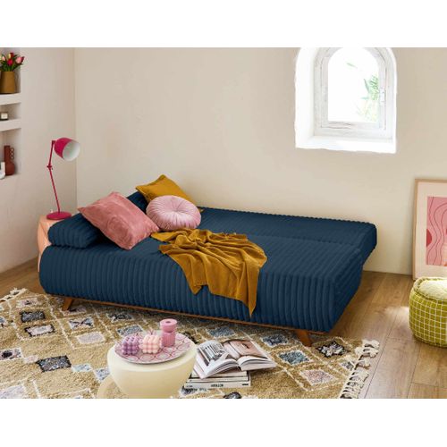 Canapé Droit Convertible 4 Places Cristal En Fausse Fourrure Côtelée Bleu