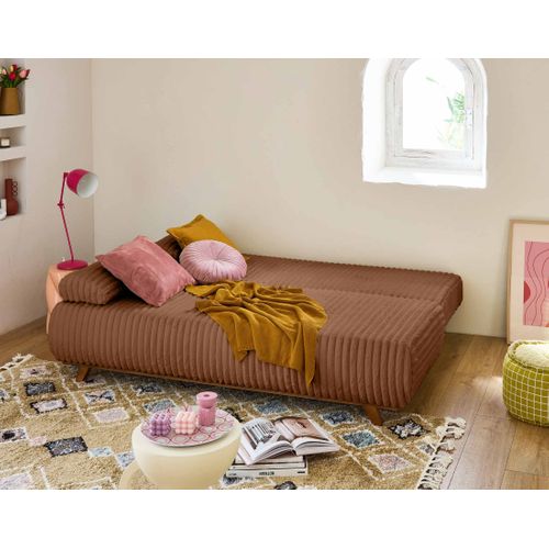 Canapé Droit Convertible 4 Places Cristal En Fausse Fourrure Côtelée Rouille